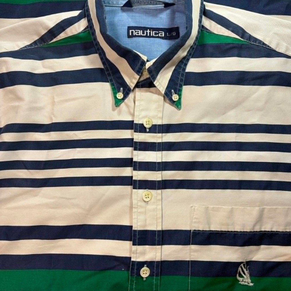 Vintage Nautica Mens Large Striped Button Down Shirt Navy Green Colorblock 90s L